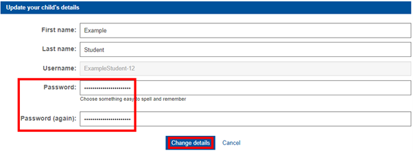 Image showing the student details area where the password can be changed