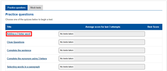 Image showing a list of possible quizzes to select