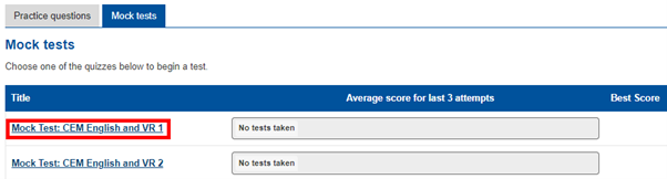 Image showing a list of possible mock tests to select