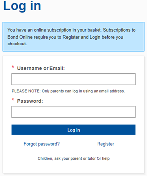 Image showing the Bond login area with message about buying a subscription