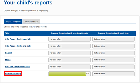 Image showing the subject selection for a child's reports