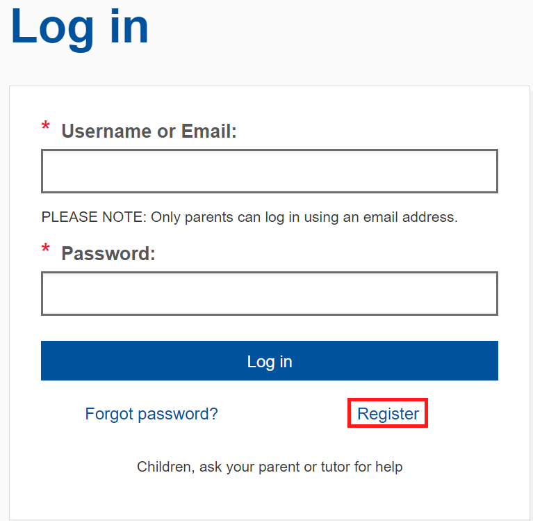 Image showing the register button in the login area